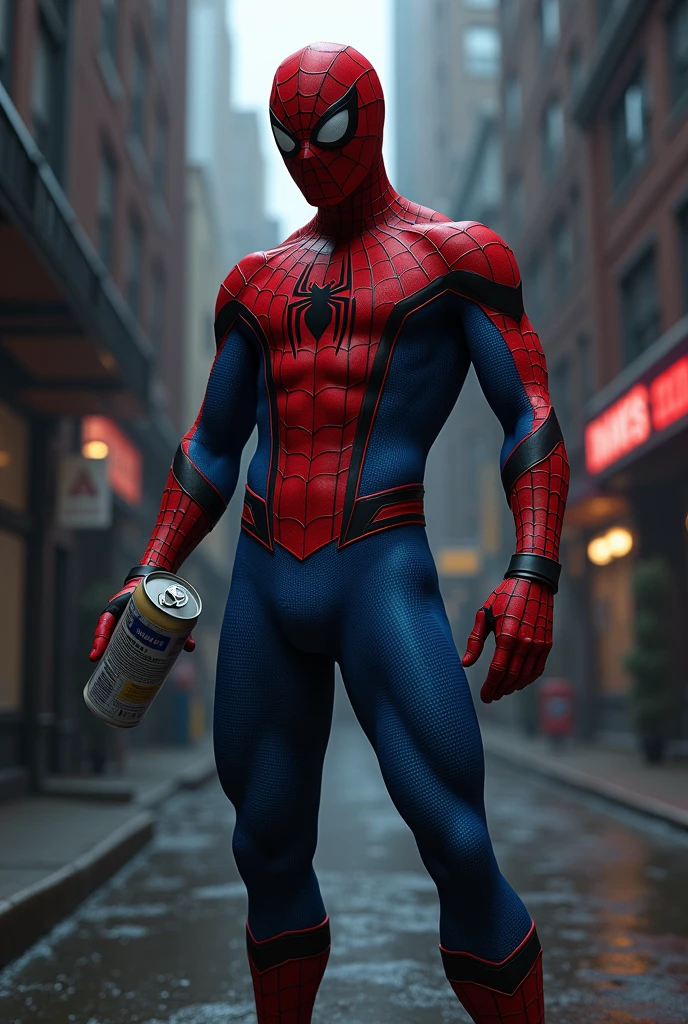 Spider-Man's hand holding a can of soda, contra o fundo desfocado da cidade, qualidade superior, 8k, Marvel ucm estilo de filme, Realistic, Front view, Only Spider-Man's hand holding a can of soda ,Photoshop's advanced professional working style, Octane redentor, 8k, high-definition picture quality + foto vencedora + publicidade superior + Foto Mark IV + cores profissionais + luz ambiente + RTX --ar 32:40 --V 5.2 --s 1000