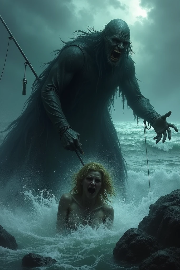 (Top Quality, 4k, 8k, Hi-Res, Masterpiece:1.2), (Super Detailed, Realistic, Photorealistic:1.37), Severe Situation: 1.1, A girl with both hands and feet chained to a quay, unable to free her limbs. Writhing Princess Andromeda, in the distance, the upper body of a giant man-eating monster, the Kraken, emerging from the ocean in the background, life-threatening scene, Medium: Illustration, Detailed illustration, Digital illustration, Strong shading, Strong textures: 1.1 Additional details : Creeposphere, eerie clouds, dark lighting, murky water, heavy locked chains, desperate expression of the princess, eyes full of fear, bare feet covered in scars, bloody woun the princess's body , muscles rippling on the monster's upper body, scales glowing in the sunlight on the monster's body Artistic style: dark fantasy, frightening, mythical creature, dramatic composition Tonal tone: spooky, red and blue Lighting hints: scene The eerie moonlight casts haunting shadows, the spotlight shines on the princess and the monster. (NSFW:1.4)