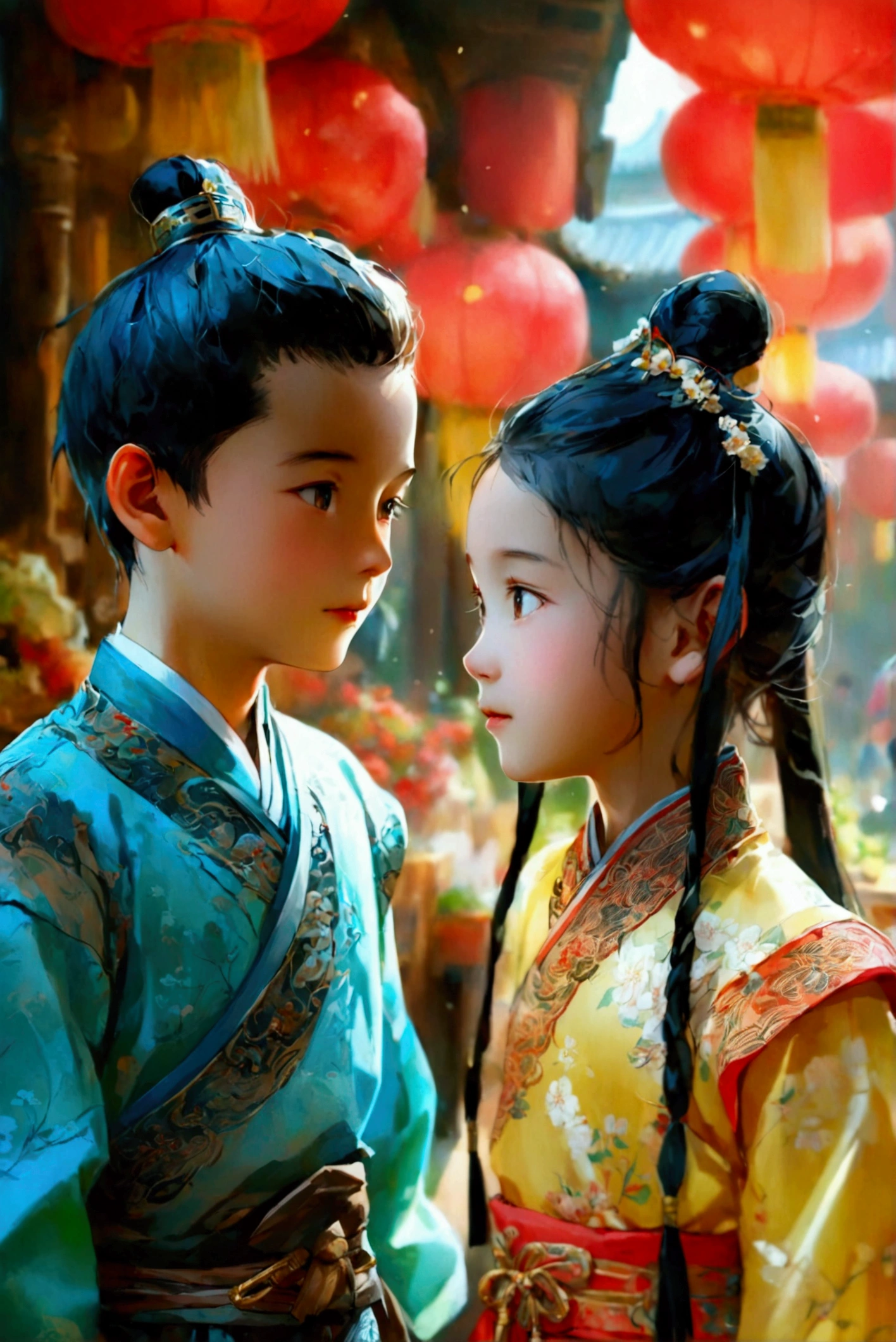 Ancient Chinese style, young boy ages 9 and young girl ages 9, 2 characters, wearing ancient Chinese costumes, both are merchants and traders, the background is a herbal stall, black hair, young boy, young girl ((background detail)) ((Chinese art))