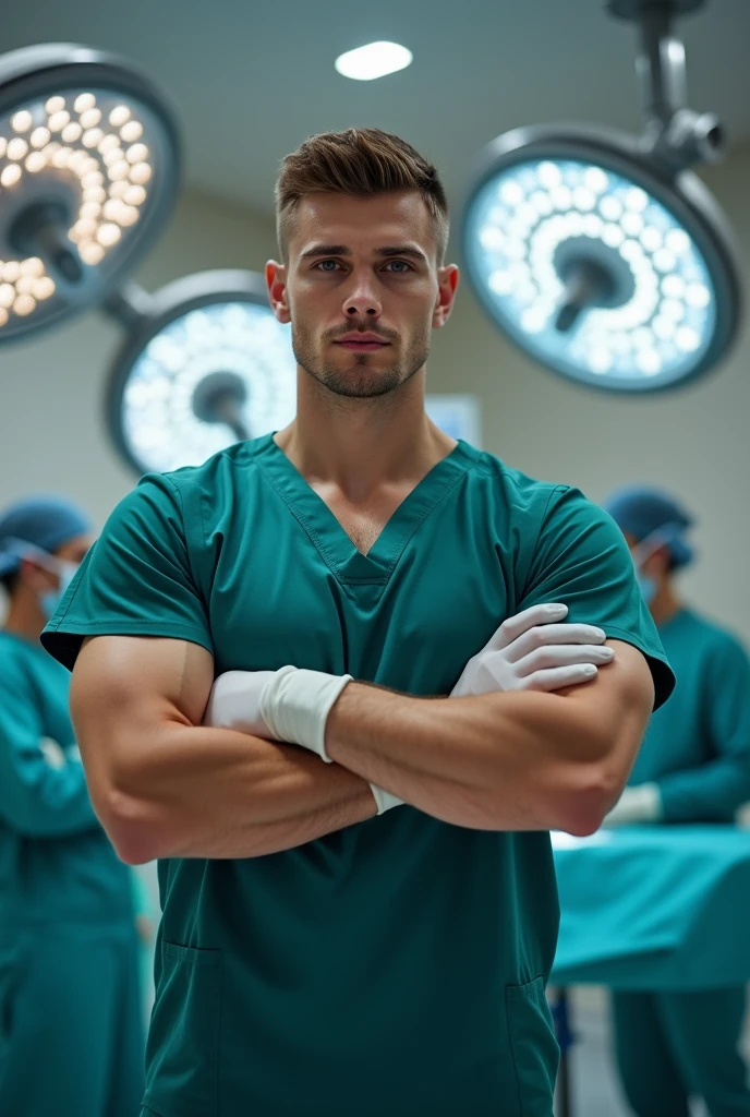 A very muscular man, 40 years old, shirtless and barefoot, he is hold by a doctor. The doctor handgags the muscular man with a white folded hankderchief. The muscular man is sleepy.