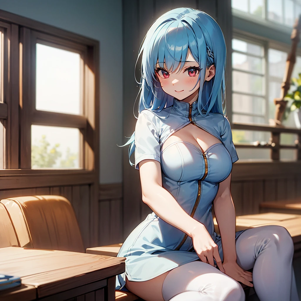 (​masterpiece、top-quality、hight resolution、Unity 8k、extremely details CG:1,Best Picture),((Light blue hair)), red eyes, Upper body, Emphasis on cleavage, A beautiful young woman sitting in a cozy indoor studio setting, smiling gently with a calm and confident demeanor. She has medium-length hair styled neatly, wearing casual yet slightly revealing clothes that highlight her natural charm. The lighting is soft and evenly diffused, creating a warm and welcoming atmosphere. The background includes minimalist decorations, a comfortable chair, and natural light streaming through a window. The woman exudes a friendly and approachable personality, giving the impression of being at ease during an interview.