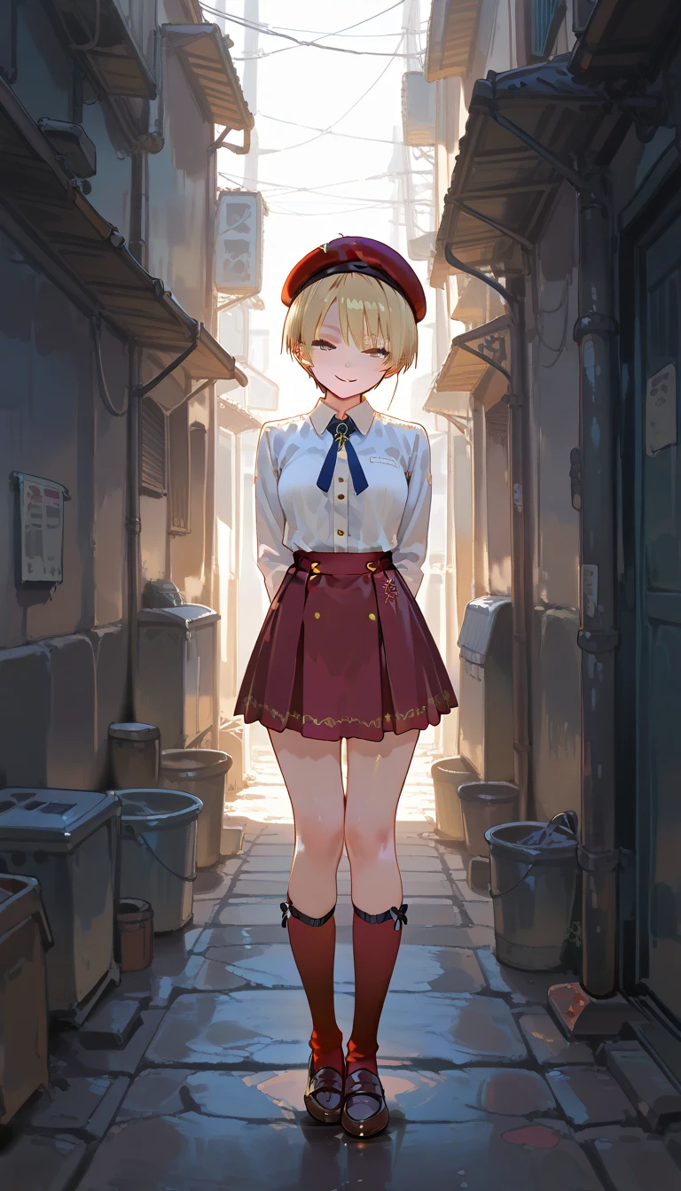 Master quality,more detail,8k,full body,1 girl,grey vertical stripes buttons,red skirt,red socks, loafers,red beret,blue bolo tie,blonde hair,very short hair,side parting,seductive smile,standing,alley