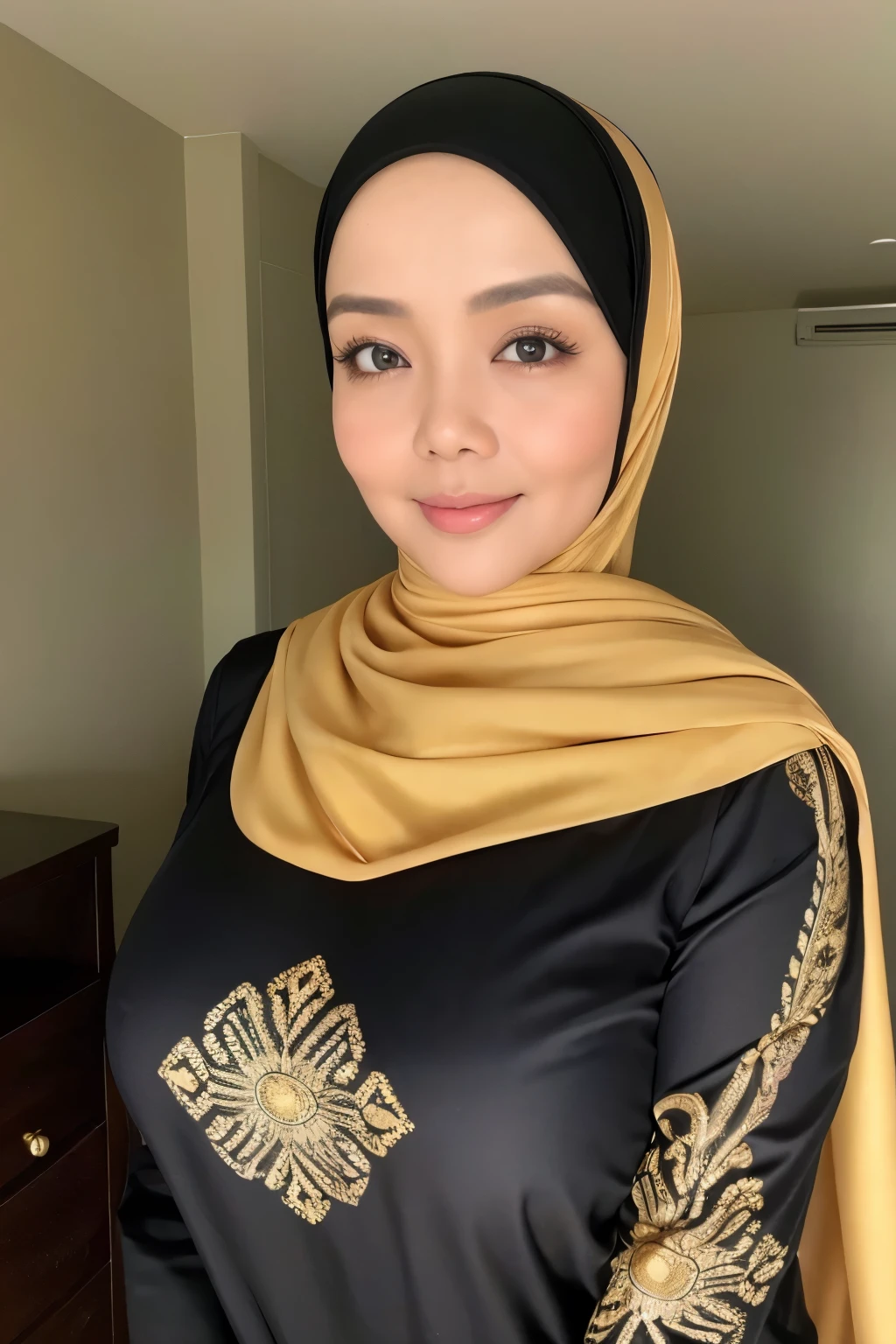 (master piece) (realistic) (curvy body) (gorgeous face) Photo of a 56 year old Indonesian mature woman, (beautiful face), curly long black hair, aged, golden necklace, offical head master room, closeup, sport bra, natural saggy breasts, (((hijab)))