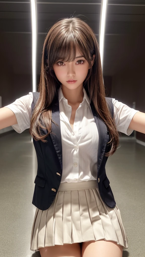 (8K, RAW photos, best quality, masterpiece:1.2), (Practical, photo-Practical:1.37), Extremely detailed, 1 girl,Lovely, Solitary,Beautiful and detailed sky,Detail of cafe,night,sit,Dating,(Red and swollen nose),(Smile:1.1),(Shut up),Large Breasts, seductive Smile, Big Apartment, Professional lighting, Sony A7R4, Jersey 50mm F1.8, Medium breasts,Beautiful and delicate eyes,(Collared shirt:1.1), bow tie,Pleated Skirt,(long hair:1.2),Flowing hair