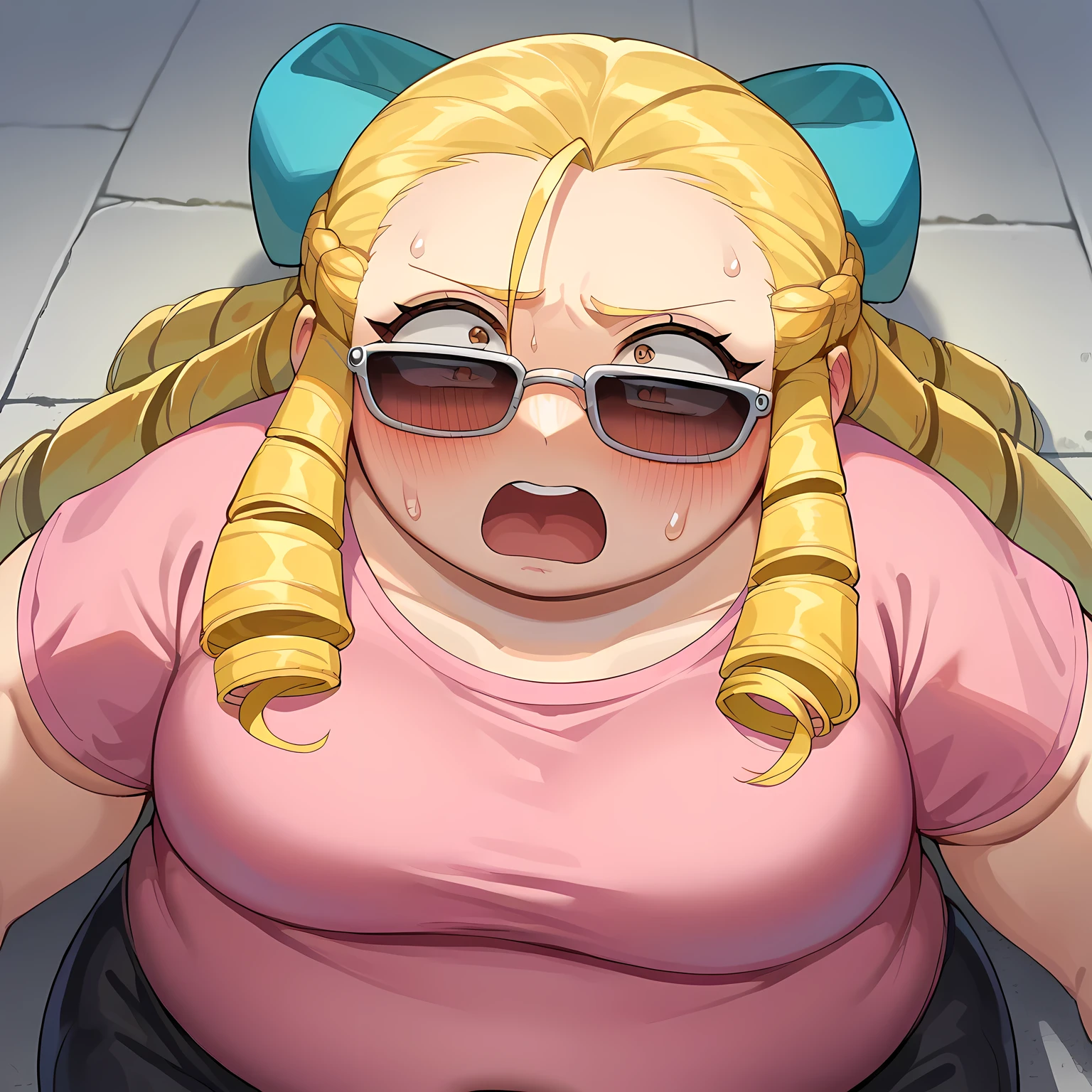 score_9, score_8_up, score_7_up, score_6_up, source_anime, BREAK 1girl, solo sfkarin, blonde hair, drill hair, hair bow, pink t-shirt, sunglasses, black shorts, handbag, city street swollen face, fat, chubby, obese, open mouth, out of breath, absurdres, highres icon, rating:General, confused, blush, {flustered}, nervous sweating, portrait, pov hands, hand on another's cheek, averting eyes, [looking away], straight-on, from above,  upper body, masterpiece, best quality, ultra-detailed, high resolution, 8K, 