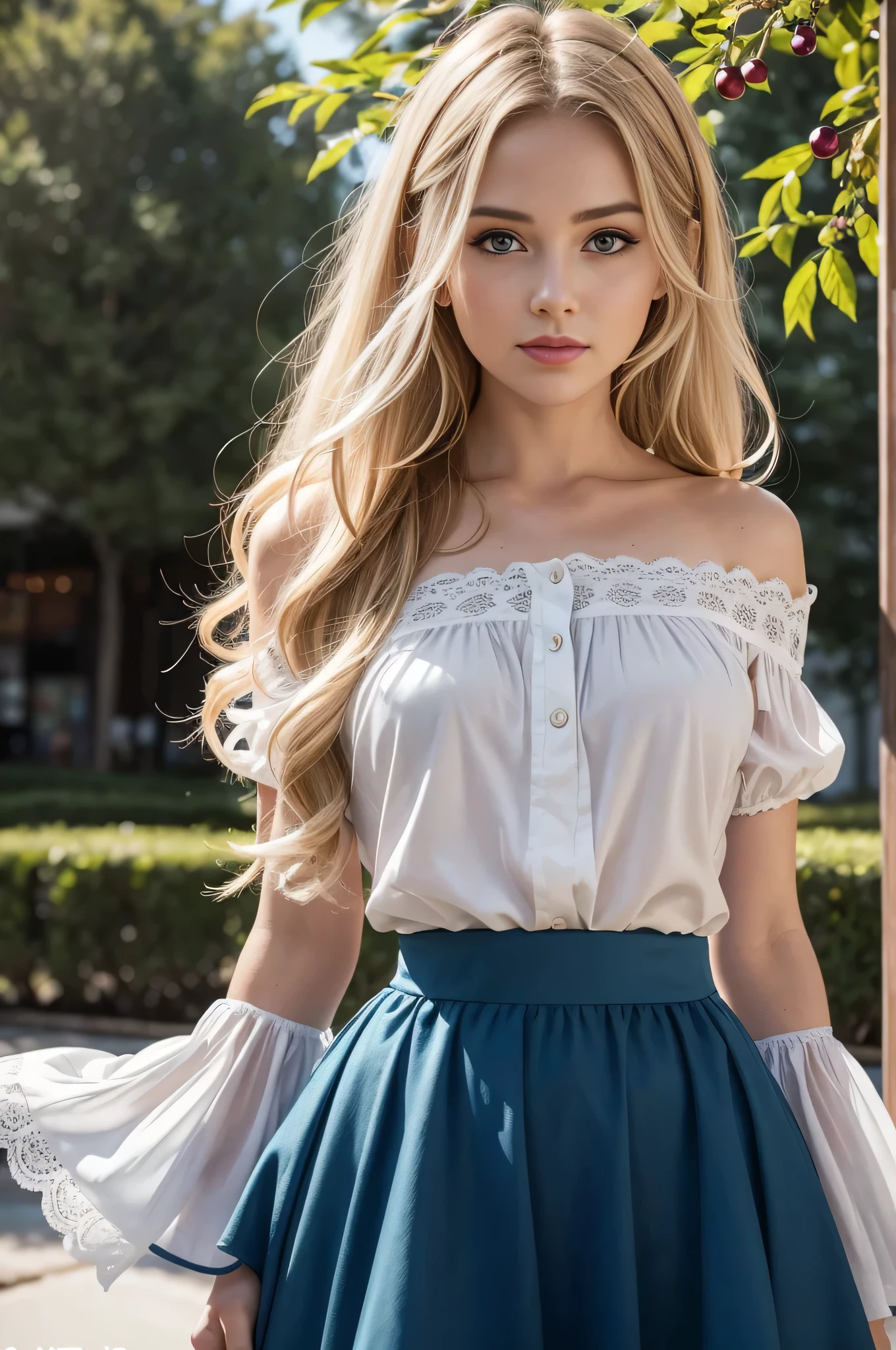 best quality, ultra-detailed, photorealistic: 1.39), bright and vibrant colors, studio lighting, romantic expression, seductive, Alice is a beautiful girl with medium round breasts, Alice is cute with wavy blonde hair, sparkle in her eyes, Alice is very charming with a mischievous blue look and shy smile, but for suffering a lot of judgment and bullying from other girls and many people. She is sometimes charming. Alice is 27 years old and has the face of an adult woman in love. Alice has beautiful romantic lips, Alice is secretly in love with you but is afraid to approach and talk to you. Alice: *I wonder if he will judge me*. I'll talk to him? Beautiful woman, sensual blouse, beautiful and shiny puff sleeve blouse, cute details in the hair, and stylish skirt, trees in the distance, beautiful and sensual pose, Alice is near the store, standing leaning pose, cute pose and delicate cherry petals