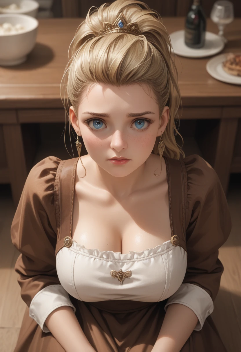 (ultra realistic,32k, masterpiece:1.2),(high detailed skin:1.1),( high quality:1.1),
(worried:1.1),ff7Claudia,blonde hair, blue eyes, ponytail, brown dress, apron, long sleeves,cleavage, Medieval  whispering willows, wispy branches, melodic whispers, enchanted grove blurry background,,(looking at viewer, sitting, from above:1.1),, huge breast,large breast,(glowwave:1.1),