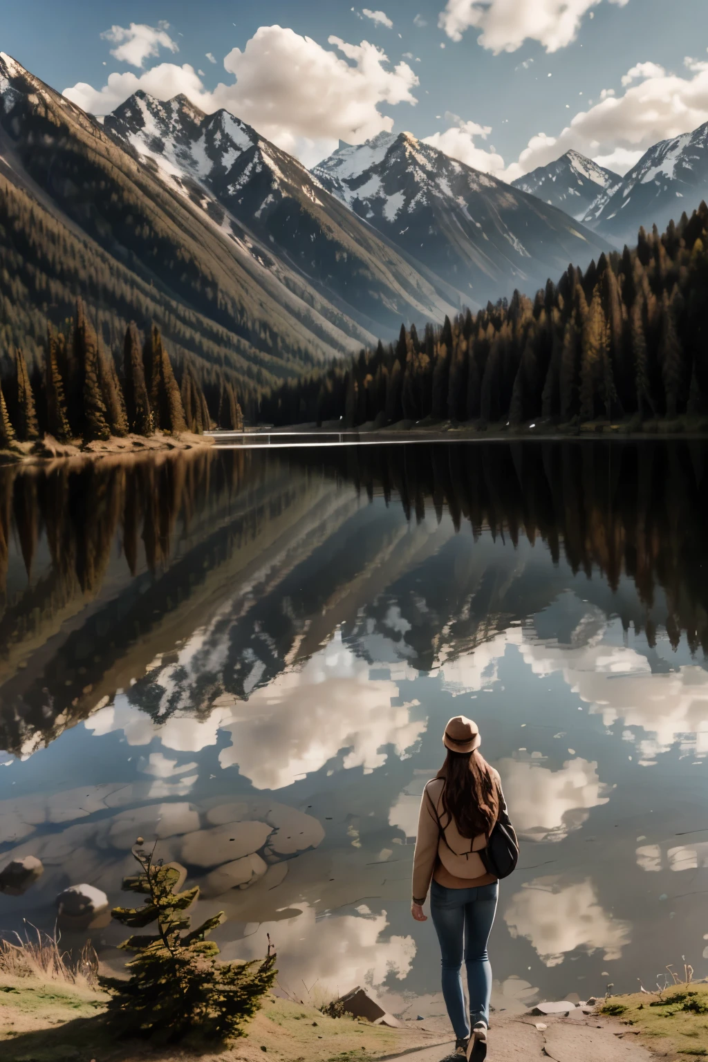girls walk in a forest, majestic mountain, golden hour, snow-capped peaks, serene lake, clear reflection, calm water, tall pine trees, natural scenery, outdoor, soft warm light, shadows on mountains, tranquil atmosphere, wide-angle shot, deep depth of field, sharp focus on entire landscape, balanced exposure, soft pastel sky, clouds above mountains, girl walk in the forest,