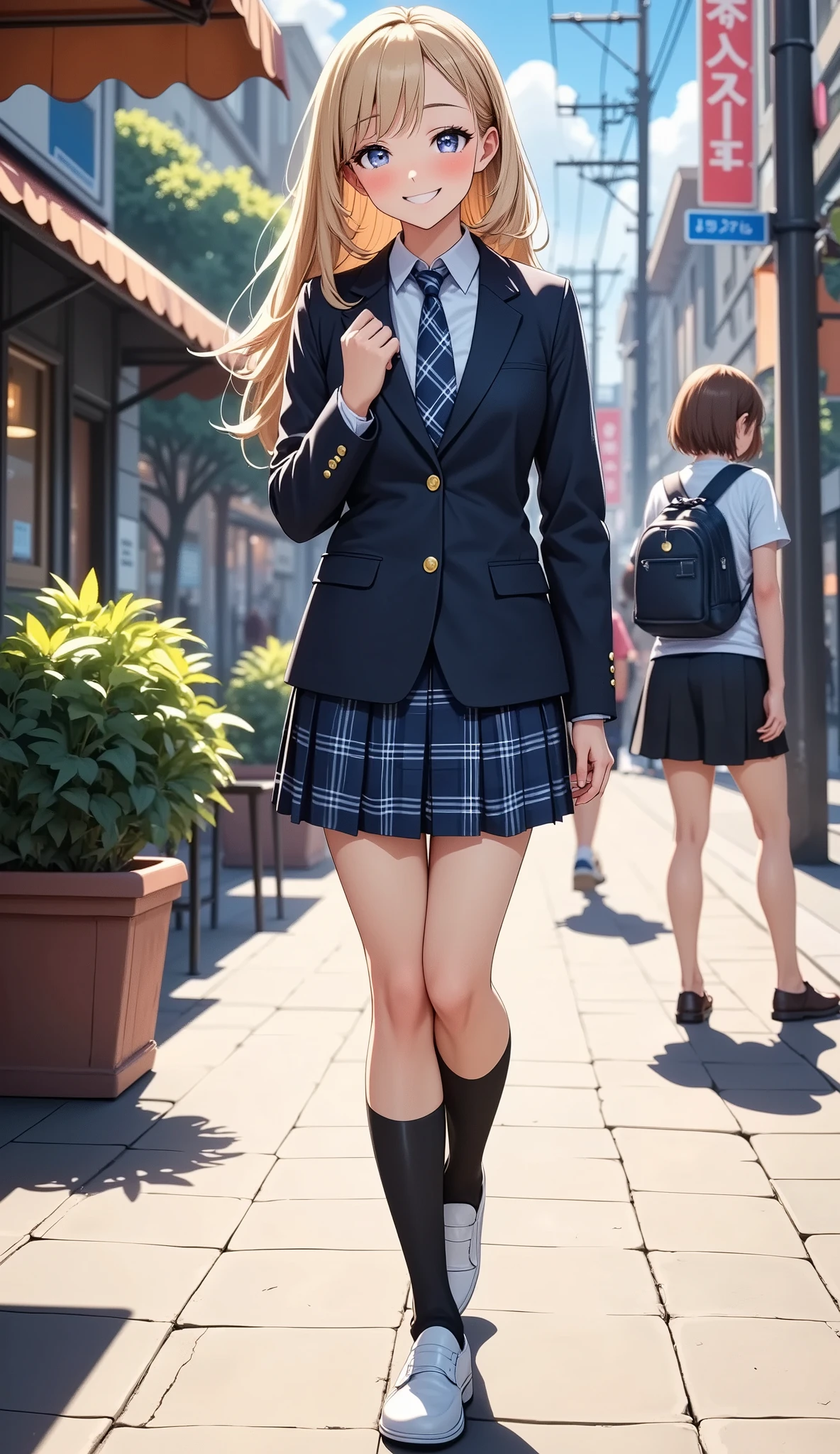 Anime girl in school uniform walking down a sidewalk with a bag - SeaArt AI