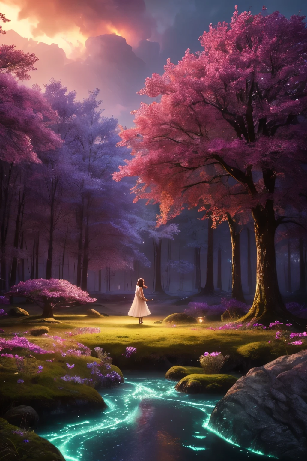 A dreamlike fantasy landscape, a surreal forest with glowing mushrooms, floating islands, and a whimsical castle in the distance, 1girl, detailed face, beautiful eyes, long hair, detailed dress, walking through the mystical scenery, (best quality,4k,8k,highres,masterpiece:1.2),ultra-detailed,(realistic,photorealistic,photo-realistic:1.37),fantasy,surreal,dreamscape,magical,ethereal,glowing,vibrant colors,dramatic lighting
