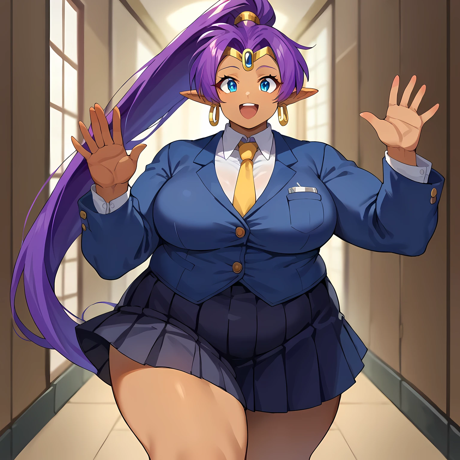 score_9, score_8_up, score_7_up, score_6_up, source_anime BREAK 1girl, solo defShan, very long hair, purple hair, ponytail, pointy ears, tan skin, tiara, hoop earrings, blue blazer, yellow necktie, (big breasts:0.6), pleated skirt, hallway, waving, looking at you, happy, open mouth, black skirt fat, chubby, obese, gigantic arms and legs, large breasts open mouth, out of breath