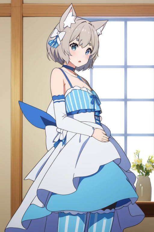 (masterpiece, best quality:1.2), cowboy shot, solo, male focus, 1boy, felix argyle, otoko no ko, :3, looking at viewer, hair bow, dress, striped, ribbon, detached sleeves, pantyhose, blue choker, tail, collarbone, bare shoulders