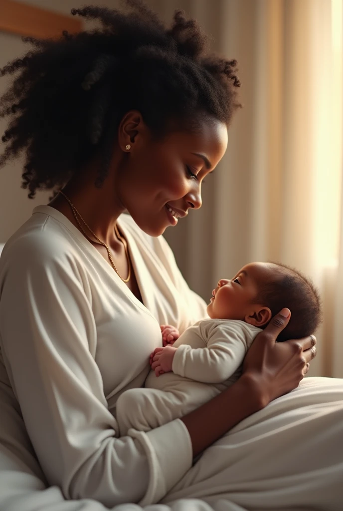 An Afro-Brazilian woman in a beautiful and lush room, playing with your baby, with a close-up capturing the harmonious beauty between her and her baby, and the natural light coming through the large windows on an autumn afternoon, showing off your natural charm and outgoing personality.