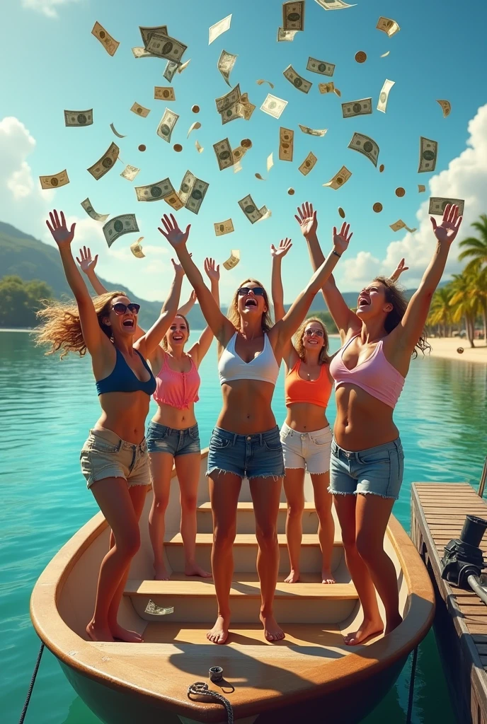 Happy people surrounded by money flying through the sky on a paradise beach and the VAS logo in the shape of a sun
