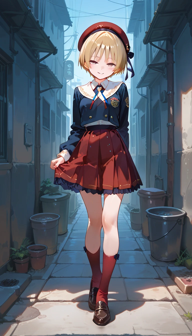 Master quality,more detail,8k,full body,1 girl,grey vertical stripes buttons,red skirt,red socks, loafers,red beret,blue bolo tie,blonde hair,very short hair,side parting,seductive smile,standing,alley