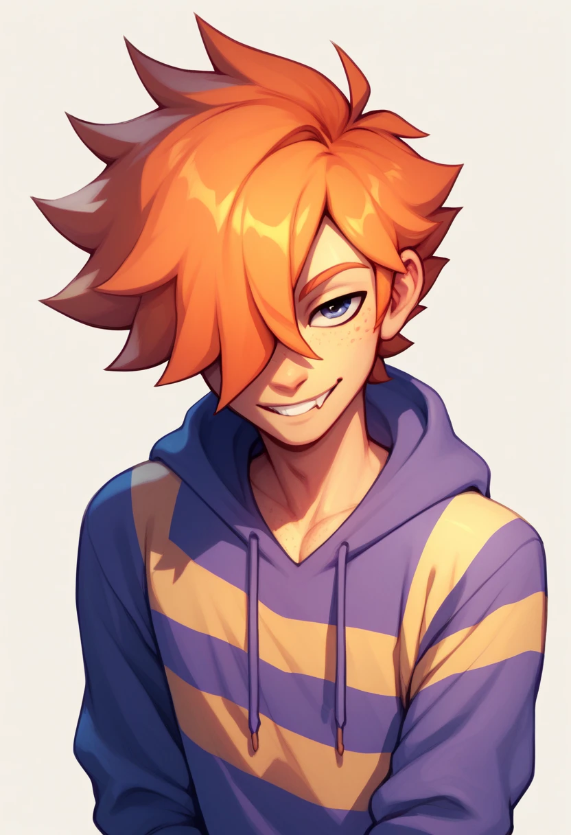 Undertale  Style , human Male , Orange hair ,hair over eye , Striped hoodie , According to a  branch,solo , freckles 