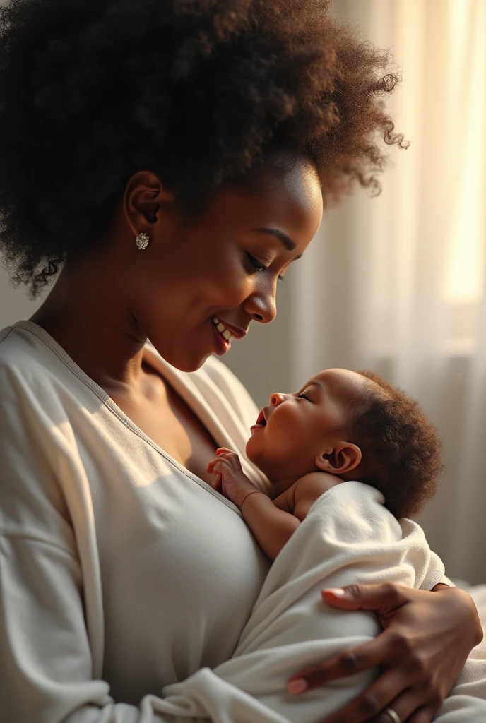 Black woman holding a baby in her arms while sitting on a bed, fotografia materna 4K, amamentando, mulher de pele negra e cabelo preto liso, mulher negra, mulher africana