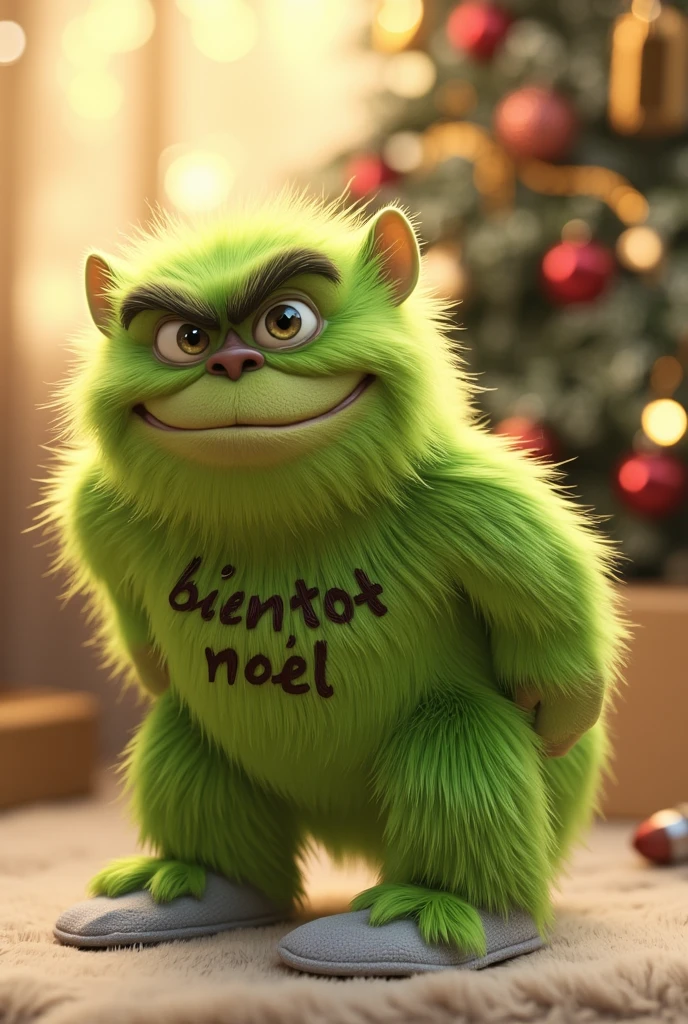 ((masterpiece)) ((Highest quality)) Create a detailed, hyper-realistic image of a green, furry grump with expressive, large eyes and a mischievous smile. The character is ((hunched over)), ((with "Bientot Noel" written on its fluffy backside)). Its body is soft and downy, with short legs wearing cozy gray slippers. The background features a bright, luminous bokeh effect, enhancing the festive atmosphere. Soft, warm lighting highlights the playful and whimsical mood, emphasizing the character's cheeky expression and fluffy texture.