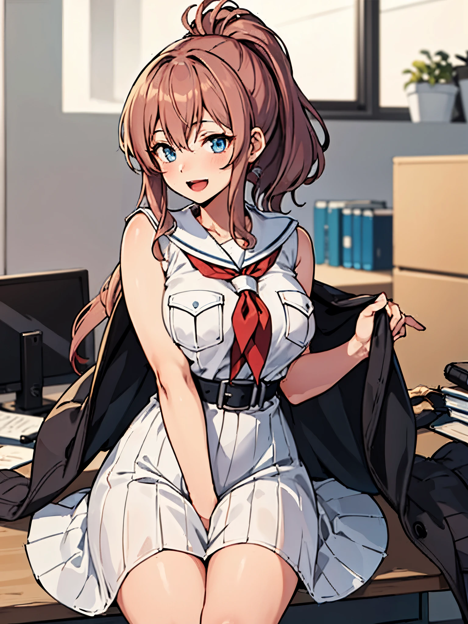  top quality,  Masterpiece  ,  high definition , Alone, (indoor,  office,  living room ), {saratoga_  Fleet Collection:1.15}, 茶hair, 長hair,  ponytail, (サイド ponytail), hair_between_eye, 青eye, chest, side locks, 大きいchest, Big Breasts, smile, pocket, chestpocket, chimney,  1 girl ,  dress,  neckerchief , open_mouth, 赤 neckerchief , Simple_background, white_ dress, anchor

