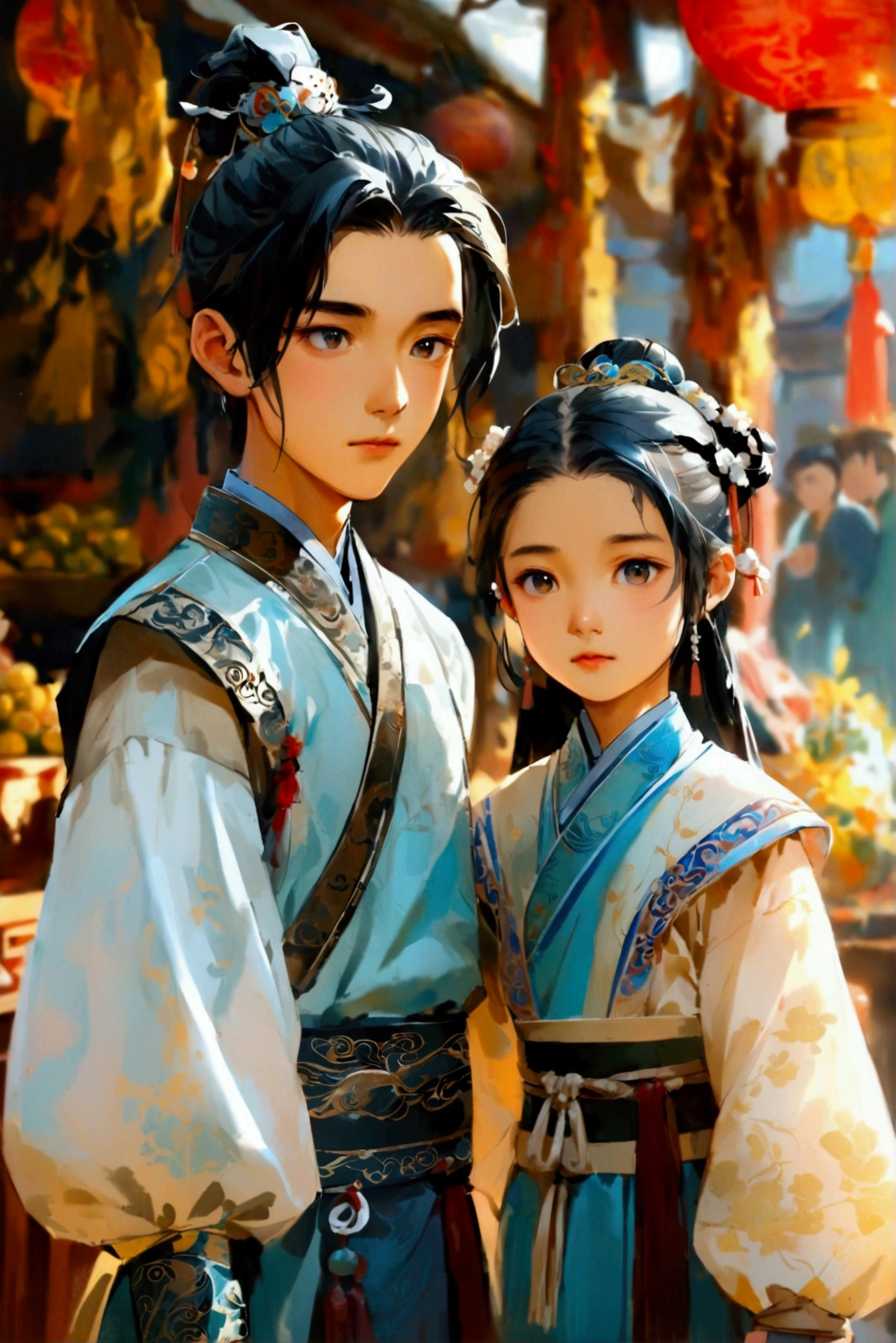 Ancient Chinese style, young boy ages 9 and young girl ages 9, 2 characters, wearing ancient Chinese costumes, both are merchants and traders, the background is a herbal stall, black hair, young boy, young girl ((background detail)) ((Chinese art))