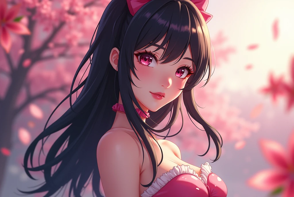 Please create an icon of a beautiful and sexy Japanese woman.。The character has big eyes and shiny hair.、She has a sexy and seductive look。The outfit is sexy yet cute.、Use vibrant colors such as pink and red.。The background is simple so that the characters stand out.、Please express the overall atmosphere as cute yet sexy.。