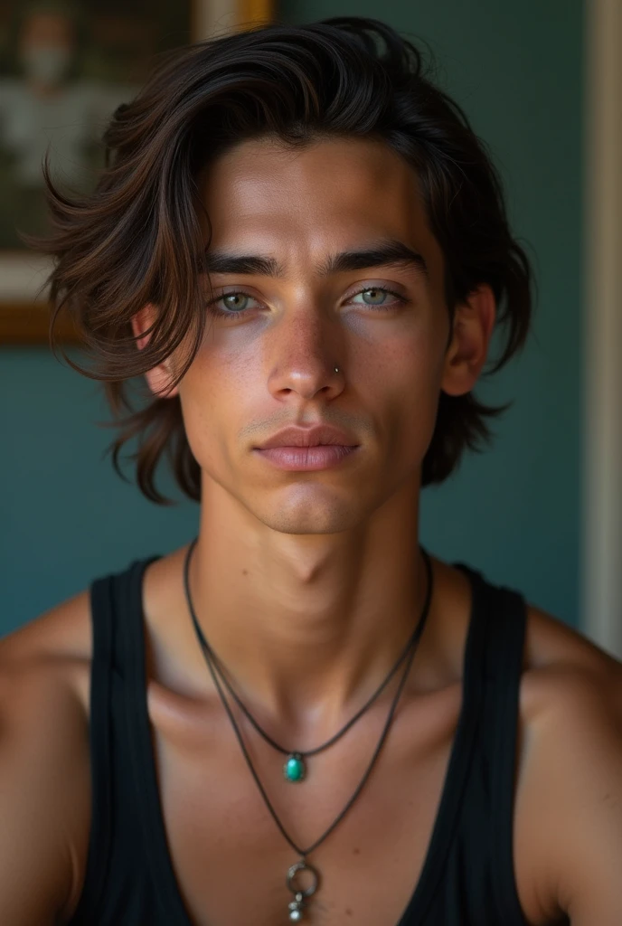 Hot man, rainbow curlyhair, yellow eyes,smilling, in the jungle.medium.body