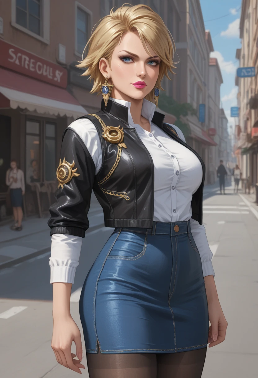 Bayonetta,  woman with mature physique , wearing pink lipstick, eyes in the color cyan blue , sexy lips, black fabric skirt , short skirt,  long sleeve puffy black suit shirt, posing sexy best quality, highres, and18, 1girl, android 18, solo, blonde hair, blue eyes, short hair, earrings, jewelry, denim vest, open vest, black pantyhose, black shirt, denim skirt, striped long sleeves, blue skirt, large breasts, cowboy shot, street,