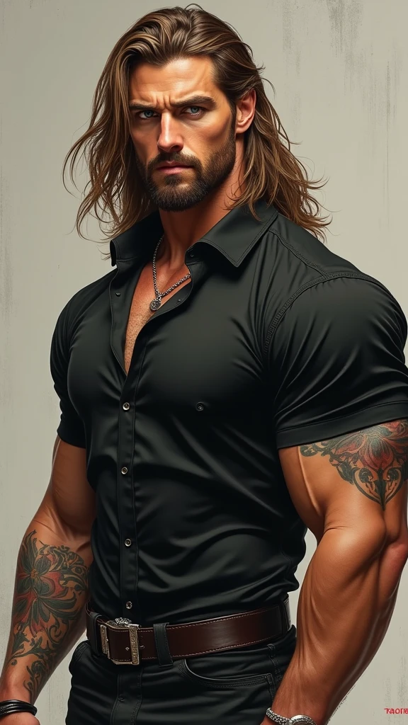 a man with a tattoo walking down a sidewalk next to a man in a suit, jason momoa, wearing a muscle tee shirt, wearing pants and a t-shirt, mid-shot of a hunky, he is wearing a black t-shirt, masculine and rugged, jason momoa as assyrian, colin farrell, with a beard and a Gray shirt, Boot, pants,ste