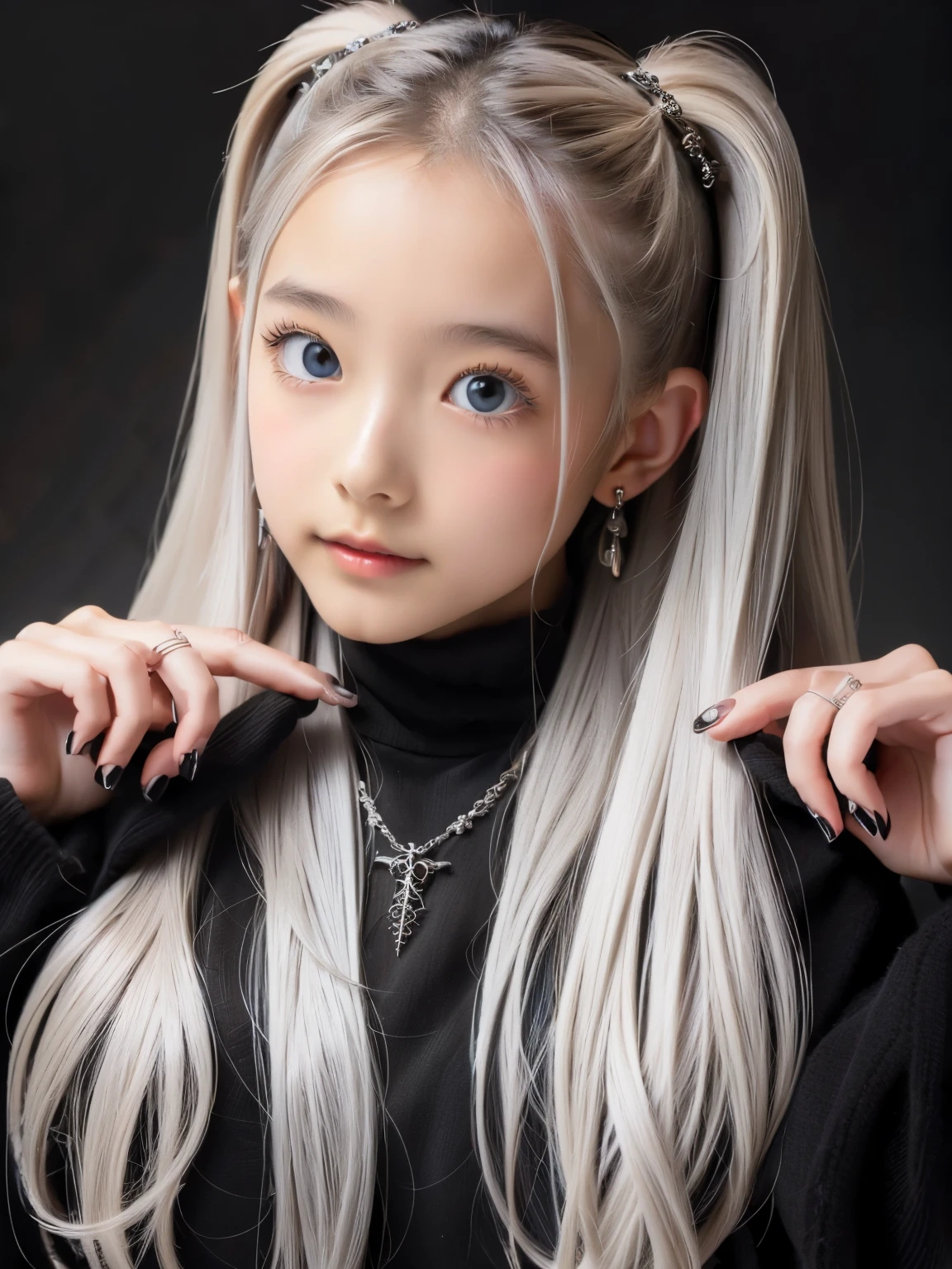 a beautiful girl with long silver twin tails, wearing a vintage gothic hoodie, looking up with a cute expression, high quality detailed jewelry including necklace, rings, bracelets, and earrings, extremely detailed facial features, intricate and stylish pose, photorealistic, 8k, masterpiece