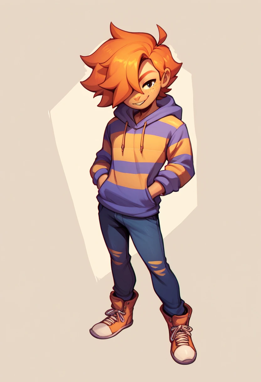 Undertale  Style , human Male , Orange hair ,hair over eye , Striped hoodie ,solo , freckles ,Full body, pose 