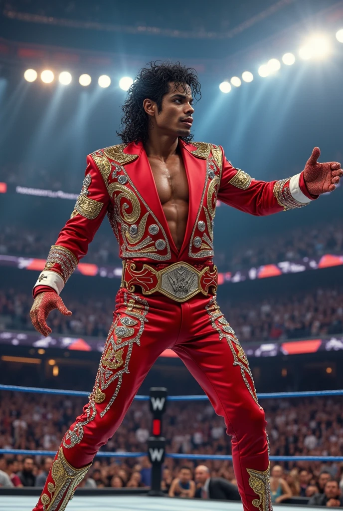 {
"prompt": "a 38 year old man, con barba y lentes de sol, aparece como protagonista en una escena de la WWE. It is a medium shot focusing on the upper part of the body. The man is in the ring, rodeado de una multitud enardecida bajo luces brillantes y coloridas. Lleva una camiseta sin mangas ajustada, wrestling wristbands and pants, showing his muscles and tattoos. His expression is defiant and full of energy, with his fist raised in victory. The ring is decorated with red ropes and the WWE logo. The atmosphere is electric, with fans screaming and banners waving, capturing the excitement and spectacle of professional wrestling."
}