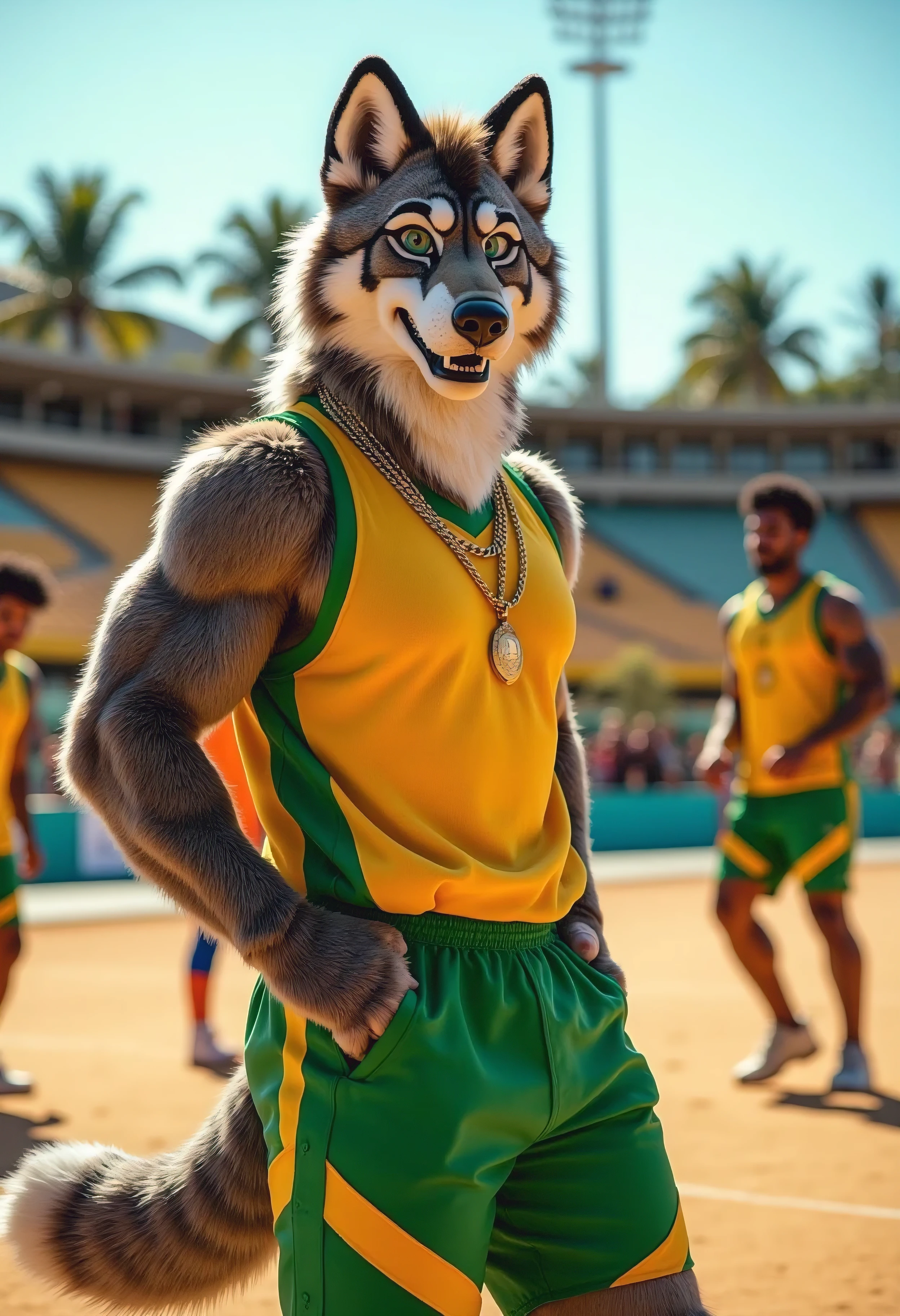 A highly detailed and vibrant 3D rendering of a muscular anthro wolf, male, with a Brazilian aesthetic. The wolf stands confidently on a brightly lit soccer court, surrounded by friends engaged in a casual but energetic game of football. He sports a gold chain around his neck, catching the sunlight as it bounces with his movements.

The wolf is dressed in athletic wear inspired by Brazilian street culture: a sleeveless jersey with bold green and yellow accents, paired with snug, sporty shorts that highlight his powerful physique. His fur glistens slightly, as though from the heat and the exertion of playing.

The scene captures the dynamic energy of the game, with motion blur effects on the ball and players in the background, vibrant colors reflecting the lively spirit of Brazil, and detailed fur textures. The wolf's confident and playful expression exudes charm, blending realism with the vibrant cultural atmosphere of the setting