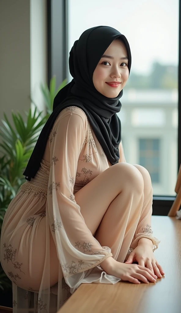 Seorang perempuan berhijab yang duduk dikursi ditaman 
