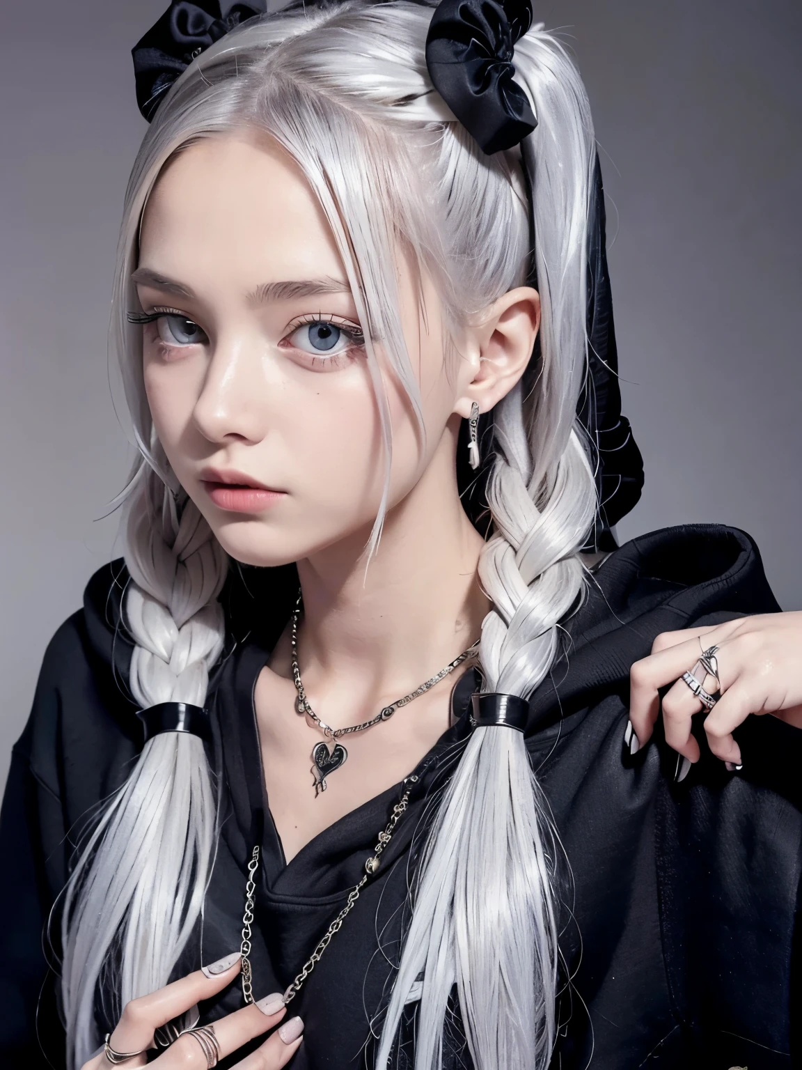 a beautiful girl with long silver twin tails, wearing a vintage gothic hoodie, looking up with a cute expression, high quality detailed jewelry including necklace, rings, bracelets, and earrings, extremely detailed facial features, intricate and stylish pose, photorealistic, 8k, masterpiece