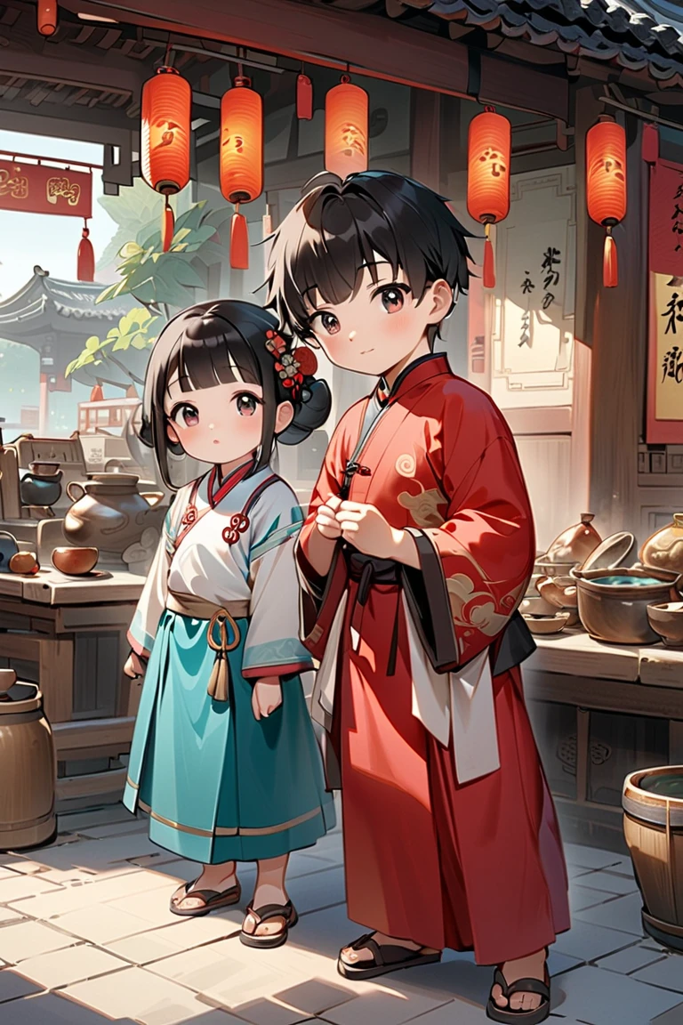 Ancient Chinese style, young boy ages 9 and young girl ages 9, 2 characters, wearing ancient Chinese costumes, both are merchants and traders, the background is a herbal stall, black hair, young boy, young girl ((semi-real)) ((full body)) ((background detail)) ((Chinese art))