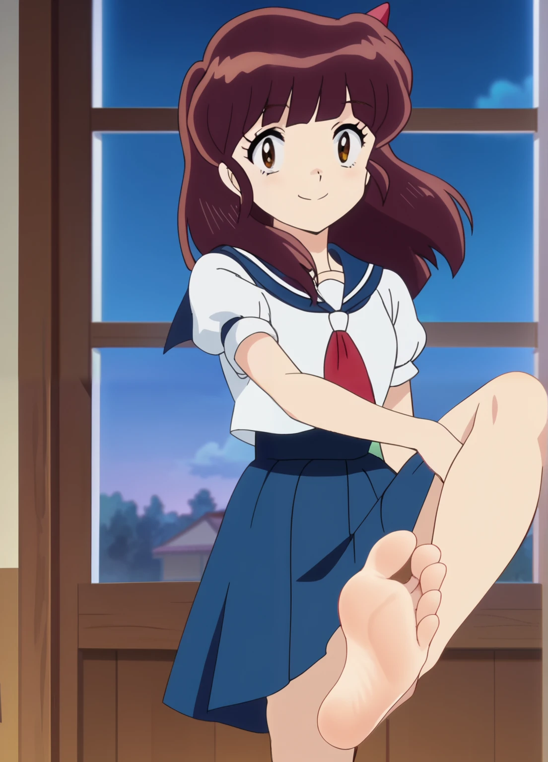 Score_9, score_8_up, source_anime, 1girl, Urusei Yatsura, Shinobu Miyake, straight dark brown hair, large dark eyes, alone, looking at viewer, navy blue skirt, white blouse with a sailor-style collar  slim and athletic build, night, in her bedroom, standing, cowboy shot, ANIME SCREENCAP, anime coloring, barefoot, perfect feet, anatomically correct, soles, lifting one leg to show her soles, focal length 35mm, each foot has five toes, front, symmetrical soles, foot focus, happy gaze, smile