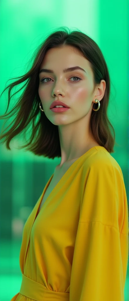 photograph, a beautiful ad with Tapered lines and flowing details is presented by a Charming model with Obscene Magenta eyes. The background of the scene is a full color green over the shoulder shot, with a towering skyscraper in the distance. The ad's hair is blowing in the wind, Sony A7, 50mm, aidmaRealisticPeoplePhotograph