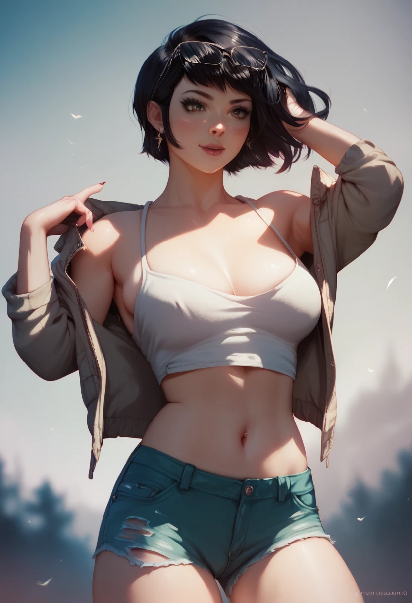 ((masterpiece, best_quality)), (photorealistic:1.4), solo, 1 girl, white_background, black_hair, short_hair, zettai_ryouiki, loose long sleeve T-shirt, outline nipple can be seen through the clothes, areola bulge, Chuck Taylor, belly, crotch gap, running shorts, cameltoe ,shiny skin, sweaty skin, nose blush, canvas tote bag