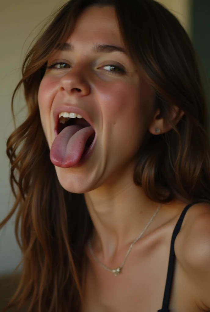 a fit woman, mouth open, very long clean tongue out past chin, wide smile, longest tongue, clean tongue, pink tongue, happy face, extreme midday sun, toplit, frontlit, cute, seductive, white caucasian, sharp focus, warm light, crop top, low cut, midriff, detailed pupils, detailed eyes, pretty teeth, upper body, abs