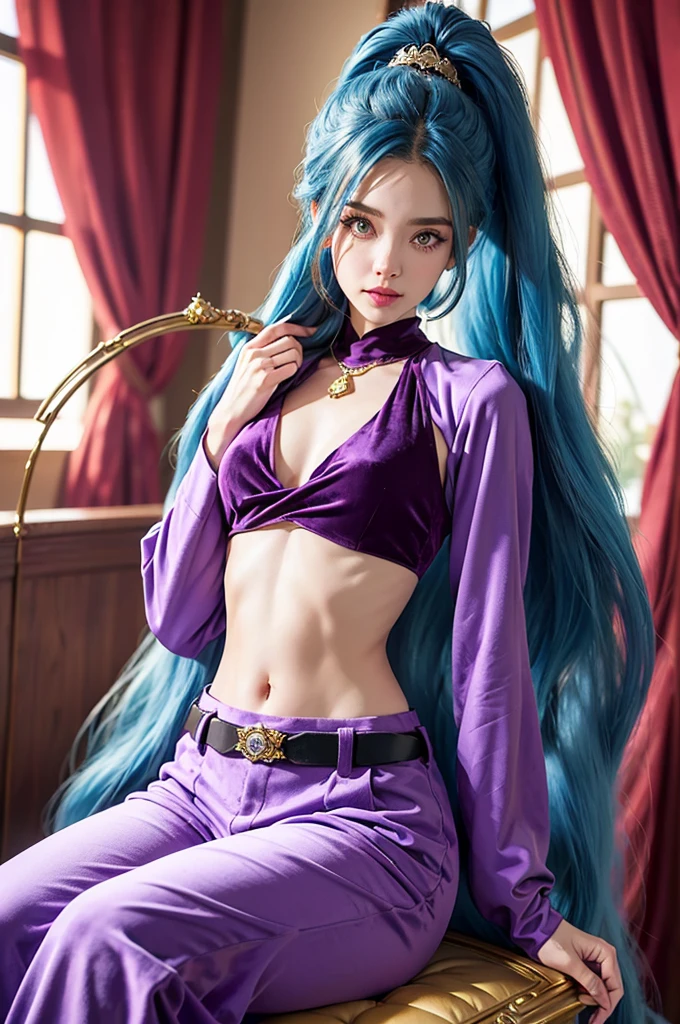 SCHALA, long blue hair, ponytail, purple eyes, long sleeved velvet top, midriff, navel, purple velvet pants, belt, jewels, sit on throne, (rubbing stomach), happy face, royal room, (cinematic lighting, best quality, masterpiece, high details, best quality, highres, HD, 4K, 8k, super detail),