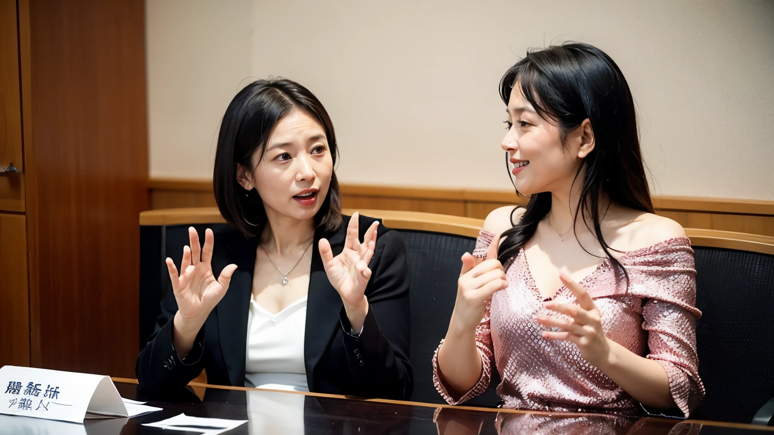 Beautiful mature Japanese woman aged 55, Long eyelashes, Low Ponytail, Red lipstick, Pink Cheeks, Pearl Necklace, Earrings, Female politicians, In a meeting, Stylish navy blue suit