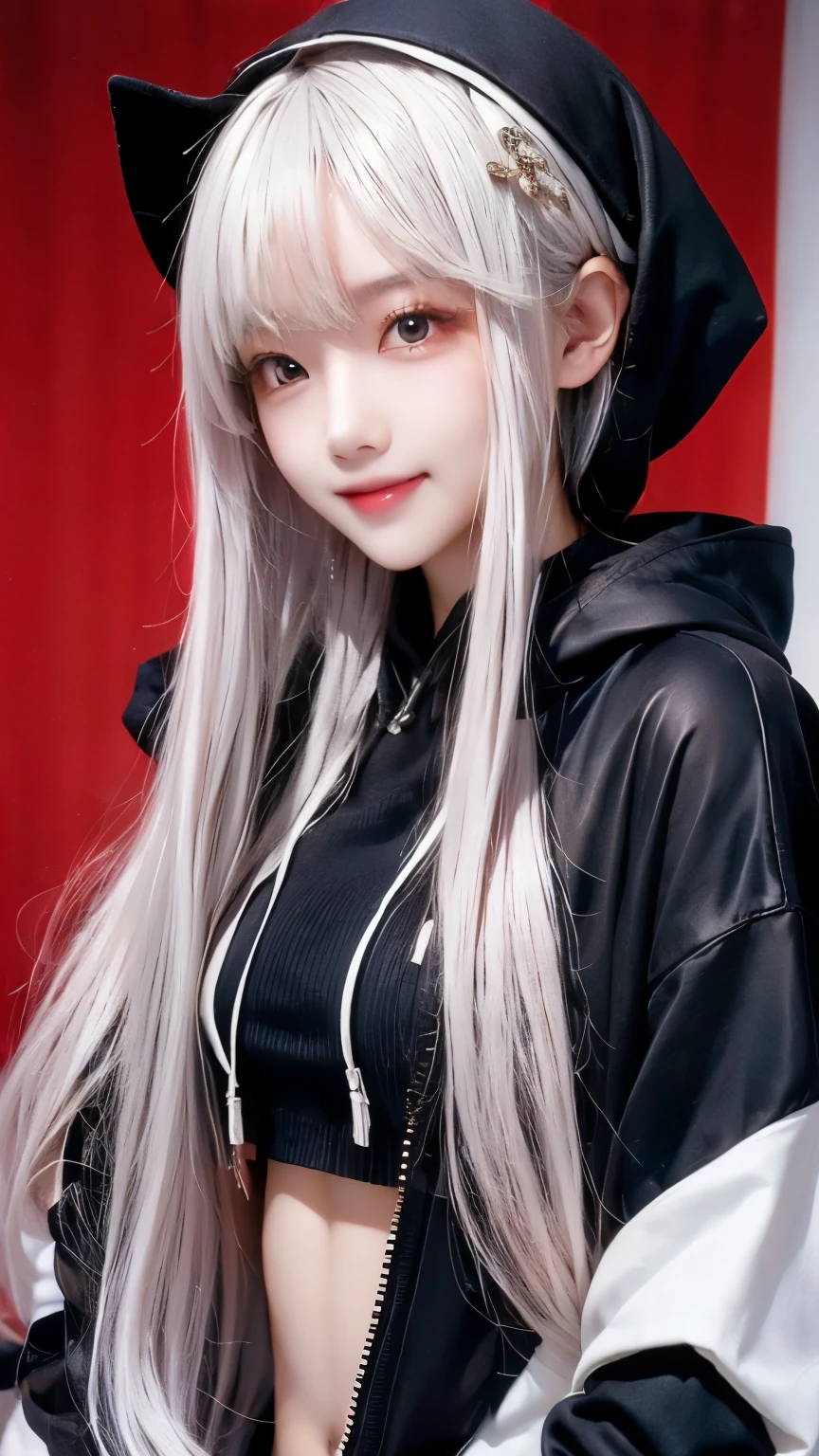 Long white hair - Red eyes - Black hair accessory - Hoodie - Elegant - Mysterious - Less revealing - Modest - Unique - Smiling - Attractive - Presence