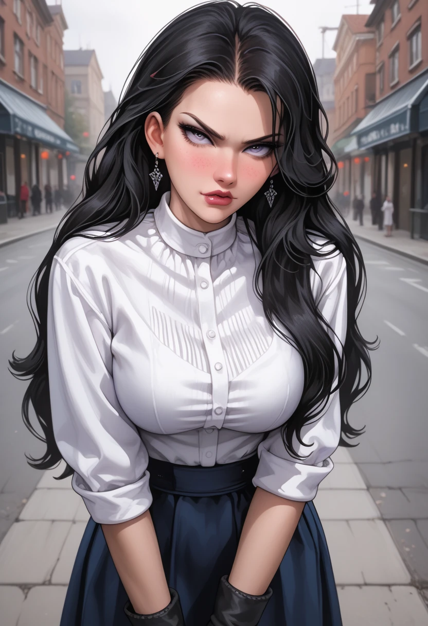 8k,master part, quality bset,Big, (1 girl), Yennefer, Purple_eye,  black hair ,  long hair, professional lighting, ( shiny skin: 1.2), large bright, (( best quality )),  sharp focus: 1.2, Highly detailed face and skin texture,  detailed eyes,  perfect face,  perfect body, blur art, CG, Background Story,  Big breasts , Presence (20 years, mature face, fresh and beautiful), using ((blue skirt), white shirt, thigh), Blush, (Mittgal), randome pose, Top view, eye perfeito, angry face, gym background, aroma sensei art style