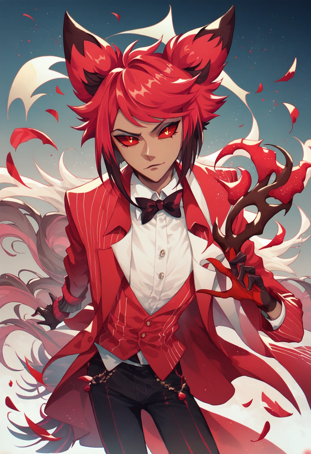 alastor red suit, red pupils, red sclera, pale Brown skin, deer animal ears, multicolored hair,black pants,cartoon style,