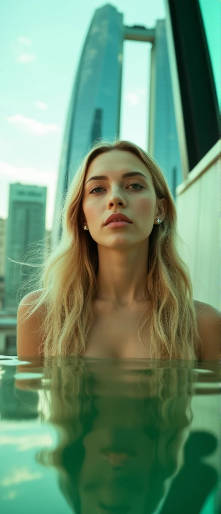 photograph, a beautiful ad with Tapered lines and flowing details is presented by a Charming model with Obscene Magenta eyes and long blone hair. The background of the scene is a full color green over the shoulder shot, with a towering skyscraper in the distance. The ad's hair is blowing in the wind, Sony A7, 50mm, aidmaRealisticPeoplePhotograph