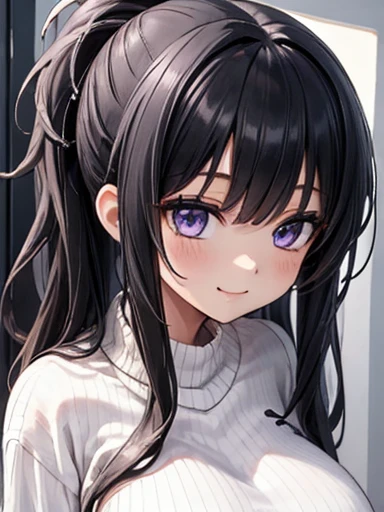 (  Masterpiece  ,  top quality:1.4), 8k,  close, black and white ponytail hair,  messy hair , Young people,  anime girl, smile,  happy , Light purple eyes,  Big Breasts ,  white sweater , ( Detailed Eyes and Faces ,  sharp pupils, Realistic pupil:0.6)、 long hair, big breasts