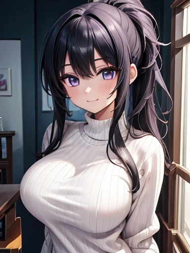 (  Masterpiece  ,  top quality:1.4), 8k,  close, black and white ponytail hair,  messy hair , Young people,  anime girl, smile,  happy , Light purple eyes,  Big Breasts ,  white sweater , ( Detailed Eyes and Faces ,  sharp pupils, Realistic pupil:0.6)、 long hair, big breasts