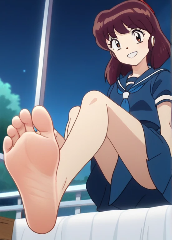 Score_9, score_8_up, source_anime, 1girl, Urusei Yatsura, Shinobu Miyake, straight dark brown hair, large dark eyes, alone, looking at viewer, navy blue skirt, blue blouse with a sailor-style collar, slim and athletic build, night, in her bedroom, sitting on the bed, cowboy shot, ANIME SCREENCAP, anime coloring, barefoot, perfect feet, anatomically correct, soles, low angle, lifting one leg to show her soles, focal length 35mm, each foot has five toes, front, symmetrical soles, foot focus, happy gaze, smile