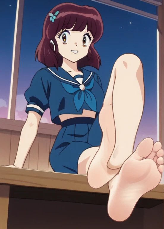 Score_9, score_8_up, source_anime, 1girl, Urusei Yatsura, Shinobu Miyake, straight dark brown hair, large dark eyes, alone, looking at viewer, navy blue skirt, blue blouse with a sailor-style collar, slim and athletic build, night, in her bedroom, sitting on the bed, cowboy shot, ANIME SCREENCAP, anime coloring, barefoot, perfect feet, anatomically correct, soles, low angle, lifting one leg to show her soles, focal length 35mm, each foot has five toes, front, symmetrical soles, foot focus, happy gaze, smile