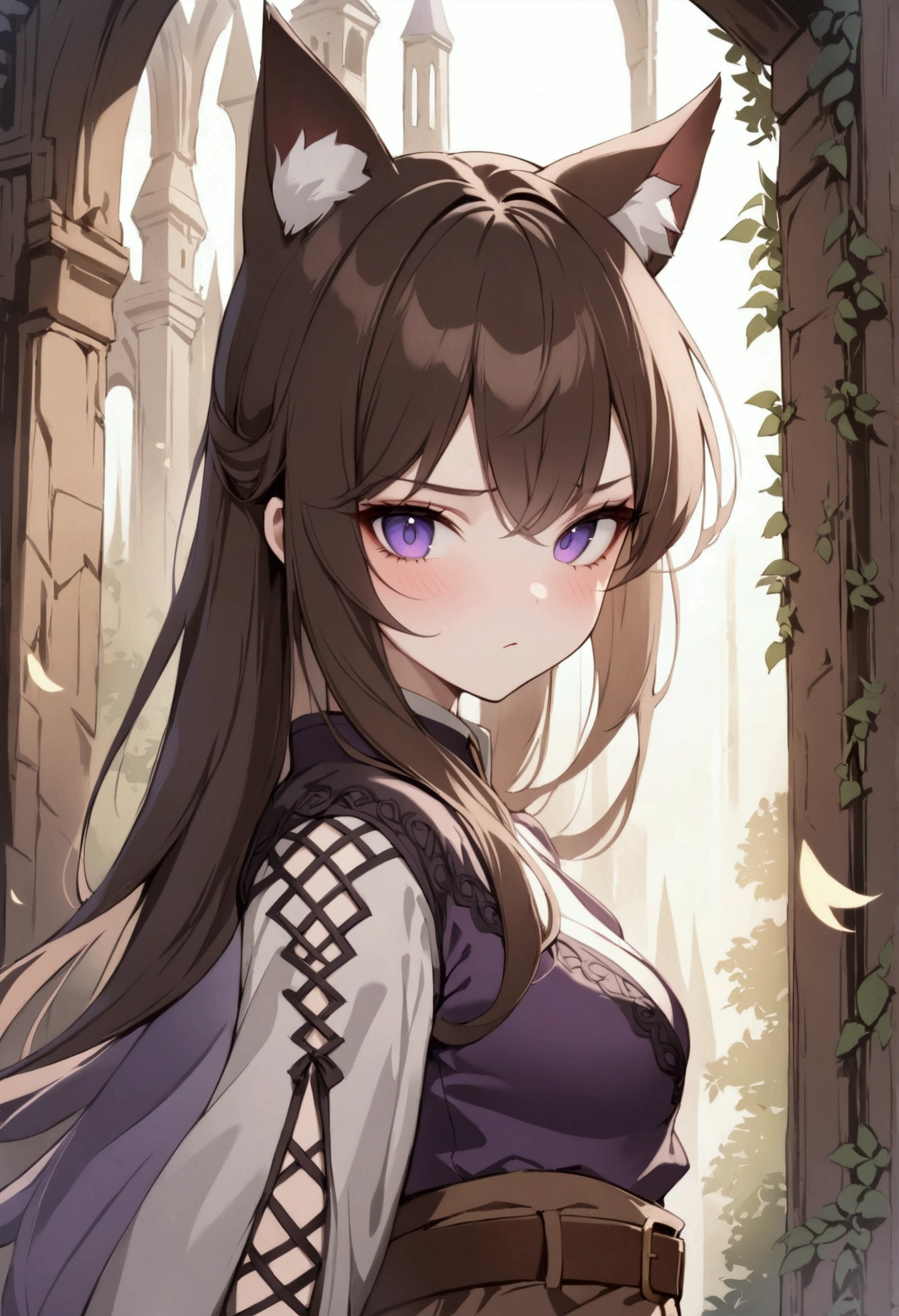 (1girl, Masterpiece, best quality, beautiful) A young cat-woman female with (long length brown hair). brown cat ears with white fur. Neutral, sligthly serious expression. medieval-style fancy ON colors dark brown, white and purple outfit. She has purple eyes. She has a brown belt cinched around her waist. She wears brown pants. 
